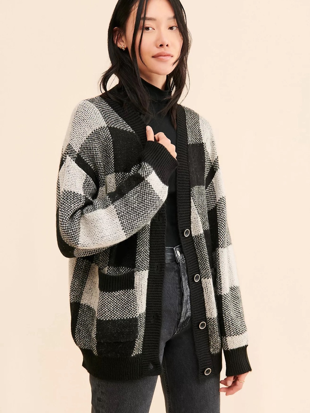 Anthropologie Black and White Plaid Knit Cardigan